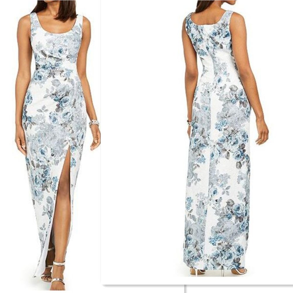 Adrianna Papell Metallic Floral-Print Gown Currant